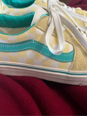 Vans Yellow Checkerboard Canvas Sneakers with Teal Wave Accent - great condition